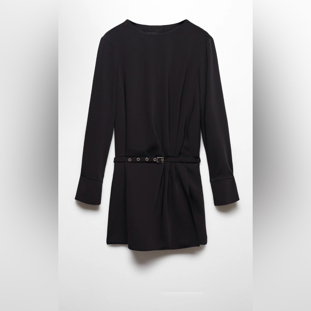 NWT Mango Black RUCHED DRESS WITH BELT size XL